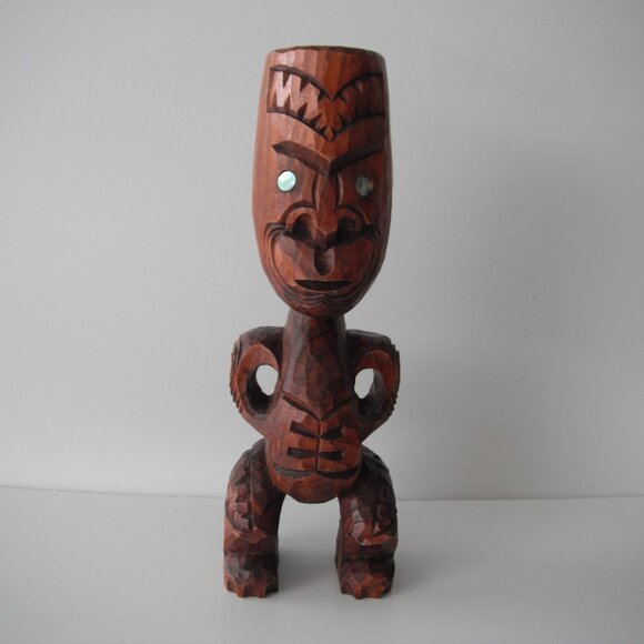 Vintage New Zealand Maori 11" Hand Carved Wood Teko Tiki Totem Statue Shell Eyes - Picture 1 of 9